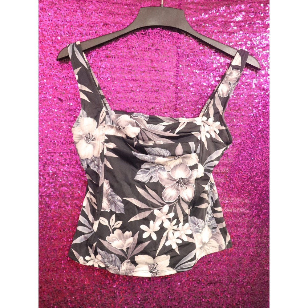 Black Floral Tankini Top Size 10 Jamaica Bay Womens Tropical Square Neck Swim